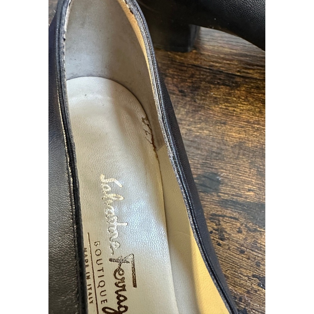 Salvatore Ferragamo Boutique Black Leather Square Toe Block Heel Pumps 6 B Italy - Picture 14 of 16
